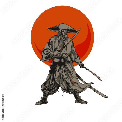 Illustration of a samurai warrior standing confidently with crossed swords in front of an orange sun