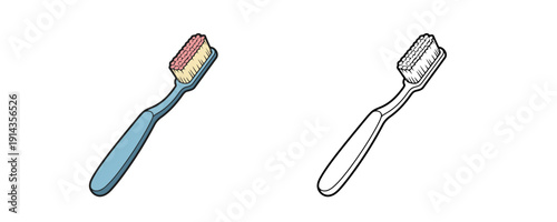 Plastic toothbrush shown in colored cartoon and black outline styles with pink bristles representing oral hygiene and dental care isolated on white background