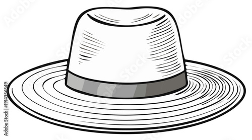 Illustrated fedora hat with a striped band and wide brim