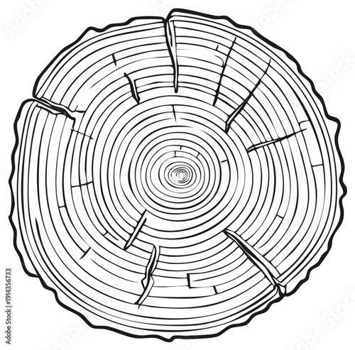 Vector line art of a tree trunk cross section showing annual growth rings and cracks