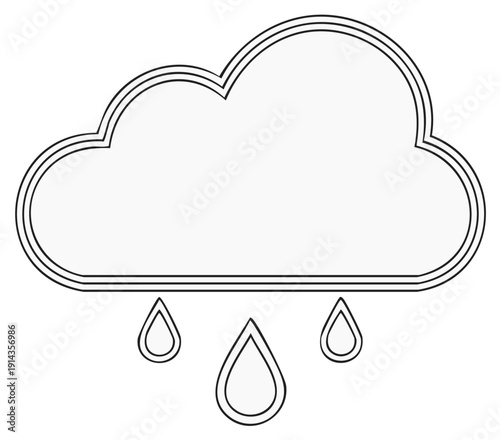 Cloud with Raindrops Outline Icon, Weather Symbol, Rainfall Indicator, Black and White Graphic