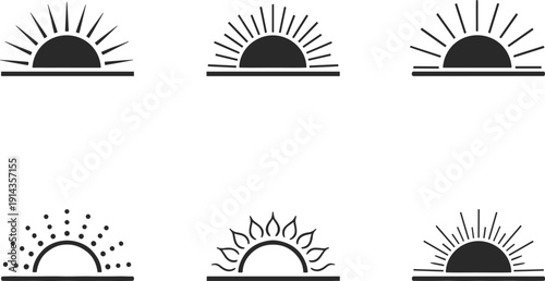 Black sun and sunrise icon set featuring various geometric rays and sunset symbols isolated on white background for summer design.