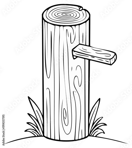 Wood Log with Shelf, Grass, and Rings: Whimsical Black and White Line Art Illustration for Children's Coloring Books