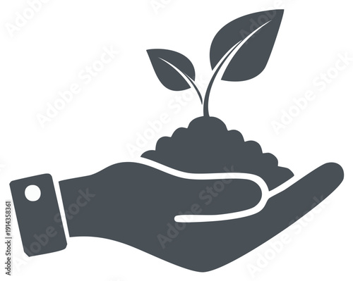 Caring hand cradling soil with sprouting plant, promoting growth and sustainability