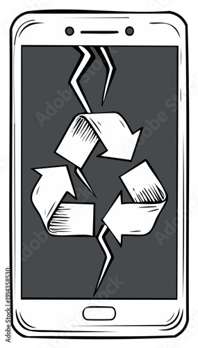 Illustrated Smartphone with Cracked Recycling Symbol Representing E-Waste and Sustainability