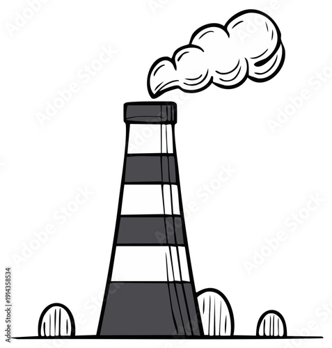 Hand drawn industrial factory chimney emitting a large cloud of smoke into the sky representing pollution or energy production