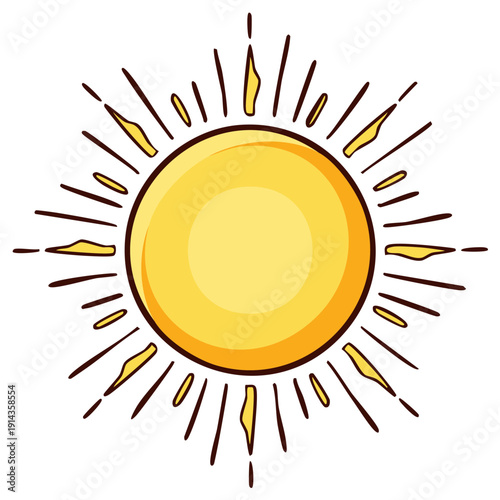 Stylized bright yellow sun with radiating rays illustration representing warmth and light