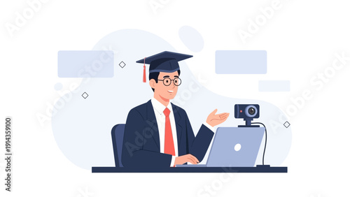 Graduation Student Online Learning Laptop Webcam Communication Graduation Cap