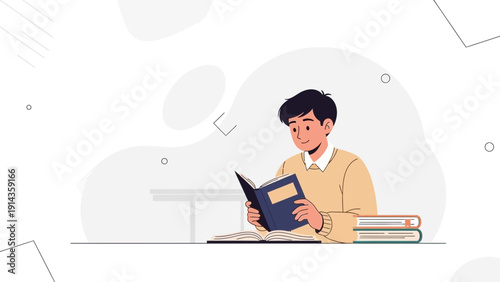 Young Boy Studying Book, Learning, Knowledge, Education, Reading, School, Student, Library