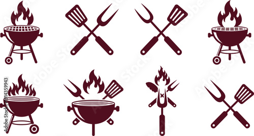 Eight red barbecue icons with flames and utensils isolated on transparent background