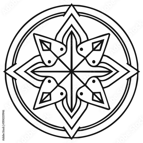 Abstract Geometric Mandala Design Black and White Outline Symbol