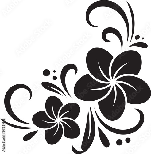 Charming black plumeria flowers and swirls arranged in a beautiful corner element