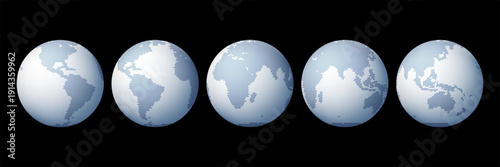 Five dotted planet earth globes on a black background. Global network connection, data transmission, and worldwide communication system concept.