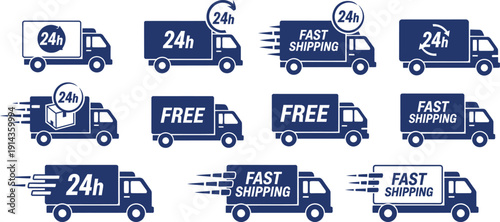 Collection of delivery truck icons isolated on transparent background