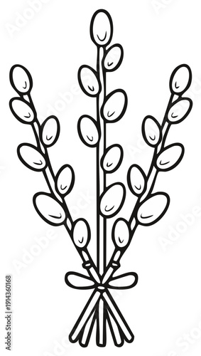 Pussy Willow Branches Tied with Ribbon Easter Spring Black and White Outline