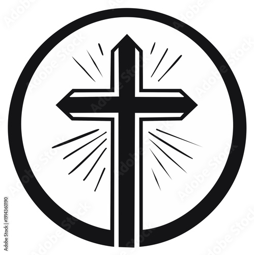 Christian Cross Symbol in Circle with Radiating Rays Religion Faith Hope Spirituality Belief Church