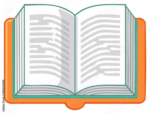 Stylized Open Book Illustration with Orange Cover and Teal Accents, White Pages Displaying Abstract Text