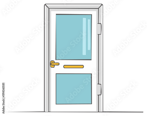 Simple white cartoon door with blue glass panels golden handle and mail slot illustration
