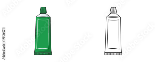 Toothpaste tube shown in colored cartoon and black outline styles with simple label representing dental care and daily hygiene isolated on white background