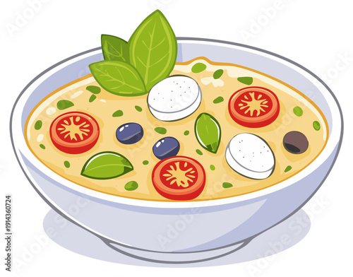 A delicious bowl of creamy vegetable soup garnished with fresh mozzarella, tomatoes, olives, and basil leaves.