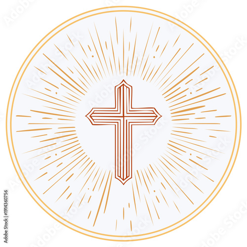 Stylized Christian cross with radiating lines inside a circular border