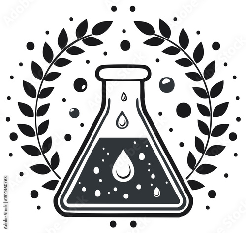 Scientific beaker with liquid drops and laurel wreath, laboratory illustration