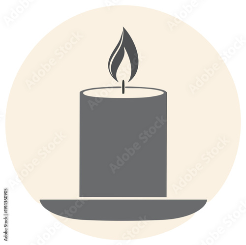 Scented candle flame icon with glow on plate in flat illustration vector graphics