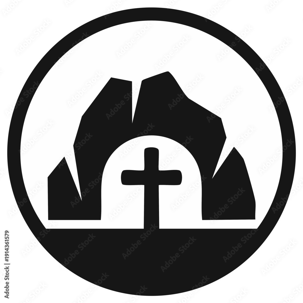Obraz premium Empty Tomb with Cross Icon in Black and White Round Shape, Representing Resurrection and Faith