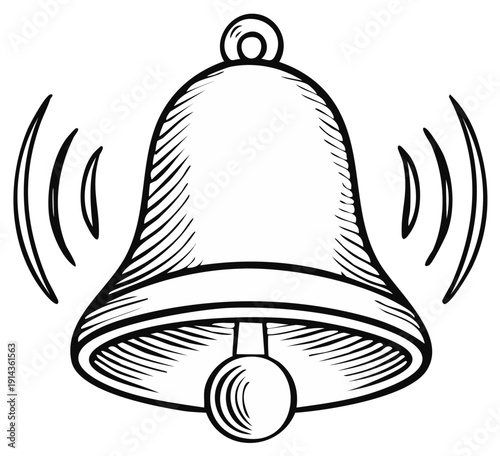 Classic ringing bell with sound waves in a hand drawn sketch style line art illustration