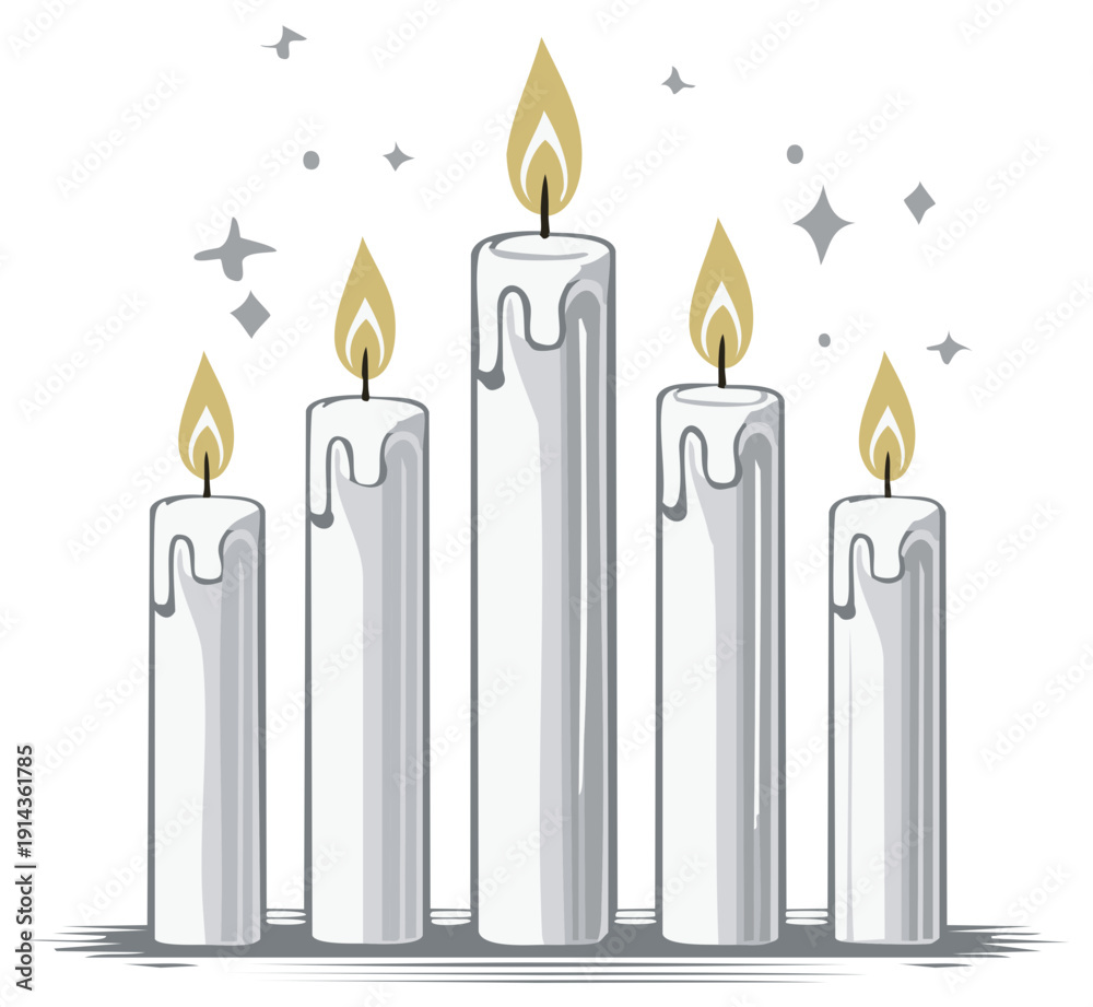 Obraz premium Glowing white candles with golden flames, holiday celebration decor, vector illustration