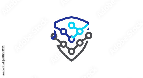 Abstract shield logo with interconnected nodes and lines.