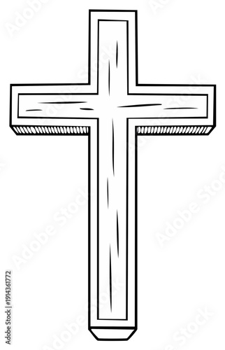 Stylized Hand Drawn Outline of a Wooden Christian Cross Symbol