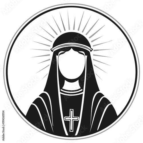 Sacred Religious Icon of a Woman in Veil with Halo and Cross Emblem