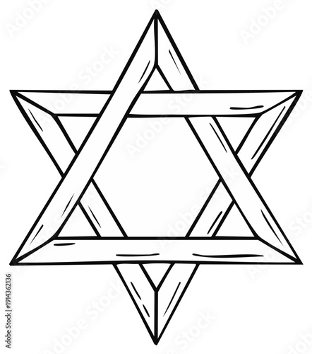 Black and white hand-drawn Star of David symbol. Interwoven line art illustration of a Magen David icon.