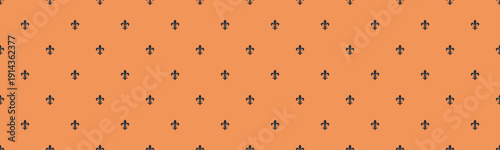 Elegant seamless pattern featuring dark fleurdelis motifs on a warm orange backdrop.  Perfect for website backgrounds, textile designs, or adding a touch of sophisticated vintage style to any project.