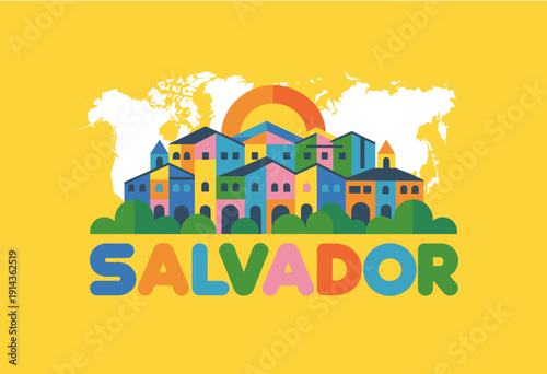 Vibrant and Whimsical Illustration of Salvador's Colorful Architecture Against a Bright Yellow Background