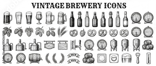 Exploring vintage brewery icons showcasing the art of brewing, hops, and traditional craftsmanship in a delightful collection