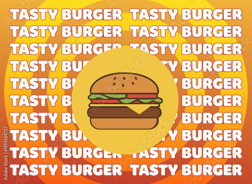 Tasty burger text banner with burger illustration on yellow and orange gradient background design