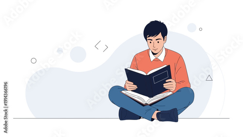 Young Man Reading Book Cross-Legged, Casual Learning, Knowledge Acquisition