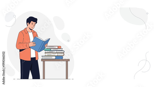 Young man reading book, stack of books on table, education concept
