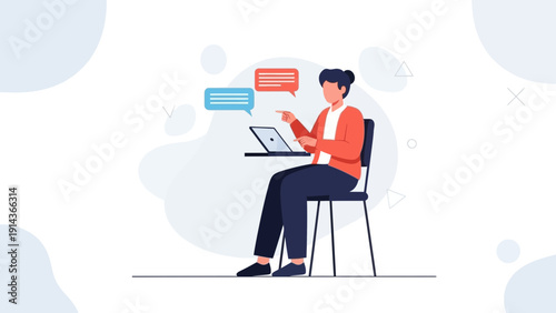 Woman working on laptop with chat bubbles, online communication concept