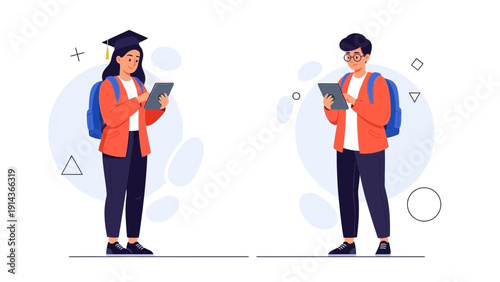 Students with Tablets and Backpacks, Graduation Caps, Educational Technology