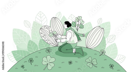Woman Kneeling in Nature, Gathering Four Leaf Clovers, Green Spring Illustration