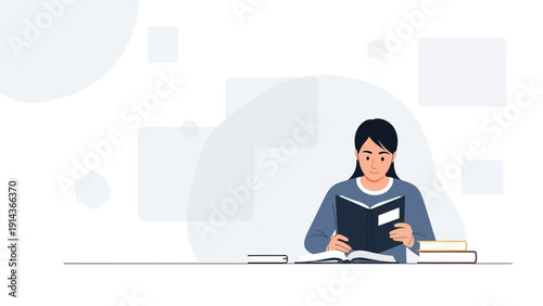 Young Woman Reading Book at Desk with Stack of Books