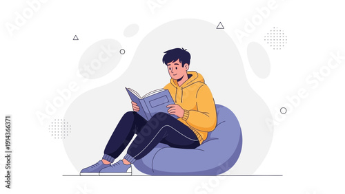 Young Man Reading Book on Bean Bag Chair, Relaxed Lifestyle Illustration
