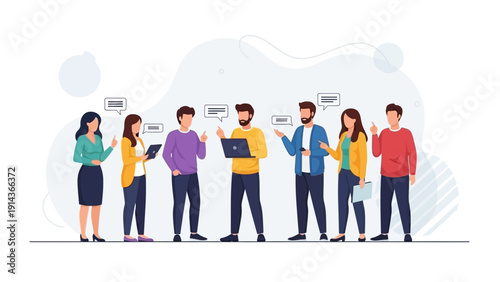 Diverse team collaborating, discussing ideas, and sharing information in a modern office setting.