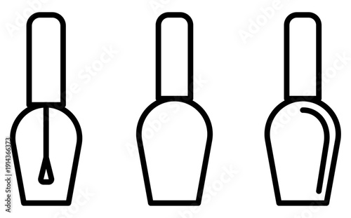 Minimalist vector icons of three nail polish bottles. This clean line art is ideal for beauty salons, manicurists, and fashion websites. A modern set for professional cosmetic branding.