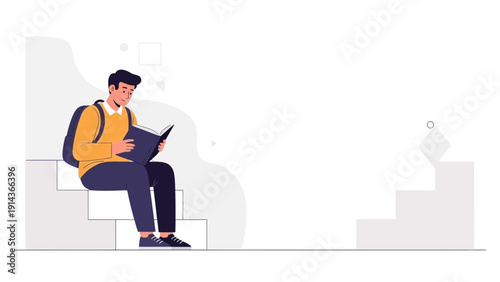 Student reading book on stairs, education, learning, knowledge, inspiration, college lifestyle