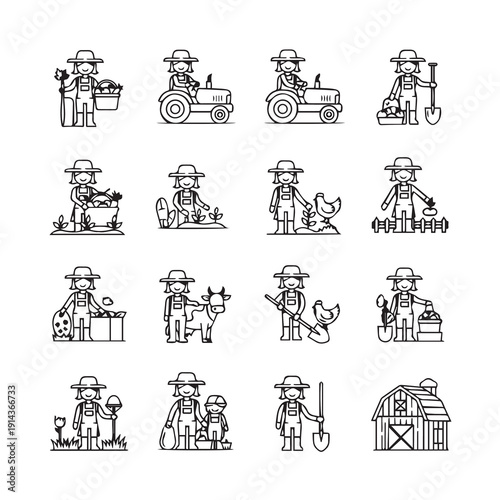 Farm Icons: Farmer, Tractor, Animals, Crops, Barn, Stock Illustration