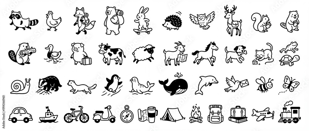 Obraz premium Fun and playful black and white doodles of animals and objects showcasing a whimsical adventure in a cartoon world